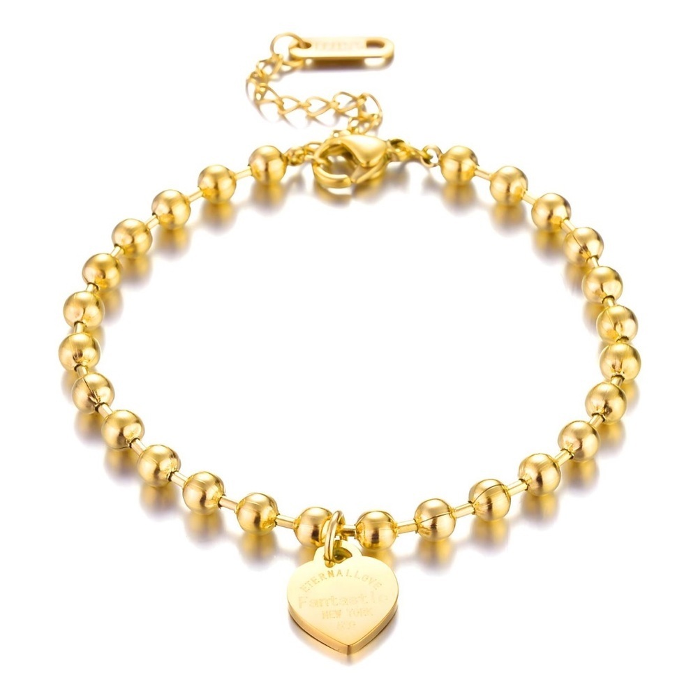 Gold Beaded Heart Charm Bracelet 18K Gold Plated Stainless Steel Waterproof NWT